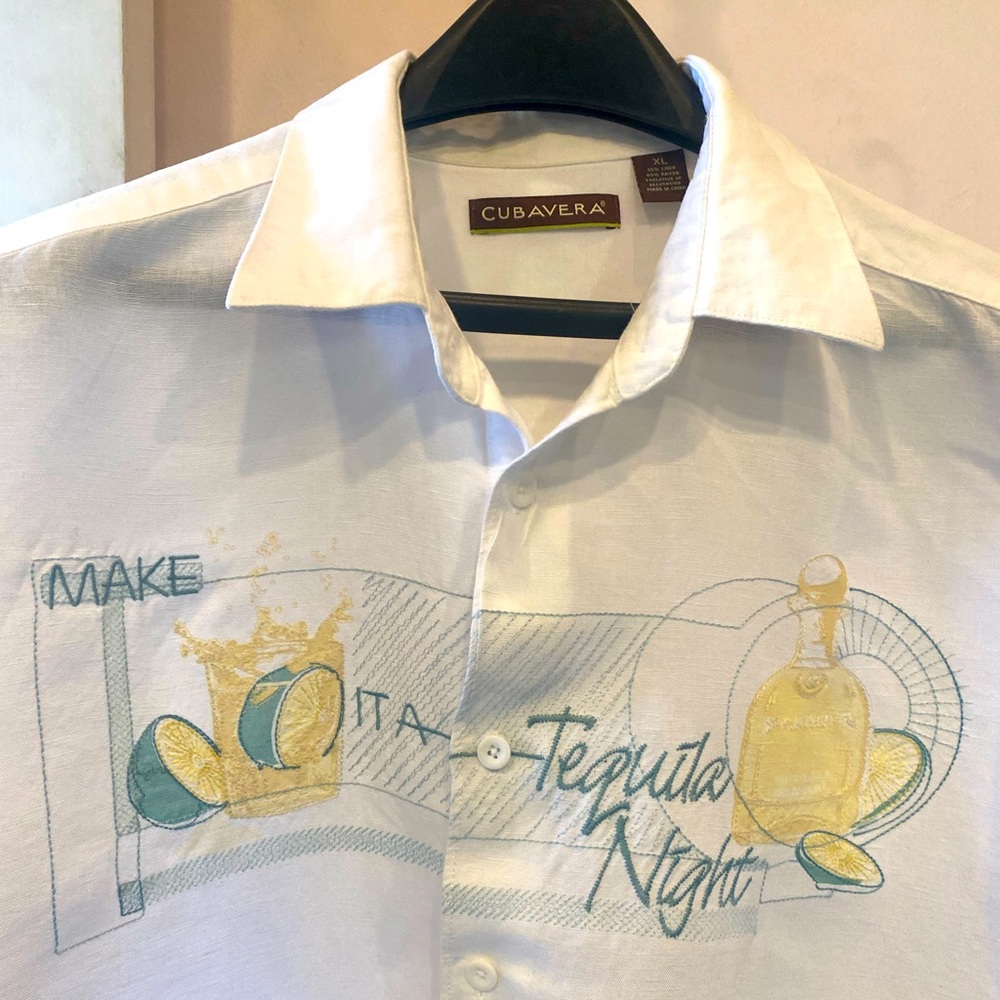 MENS XL CUBAVERA WHITE BUTTONED DOWN LINEN SHIRT